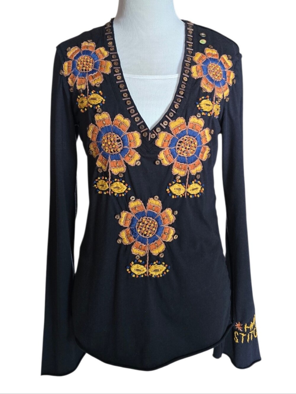 JOHNNY WAS JOYSTICK Floral Hand Embroidered Long Sleeve Top Black Size Large